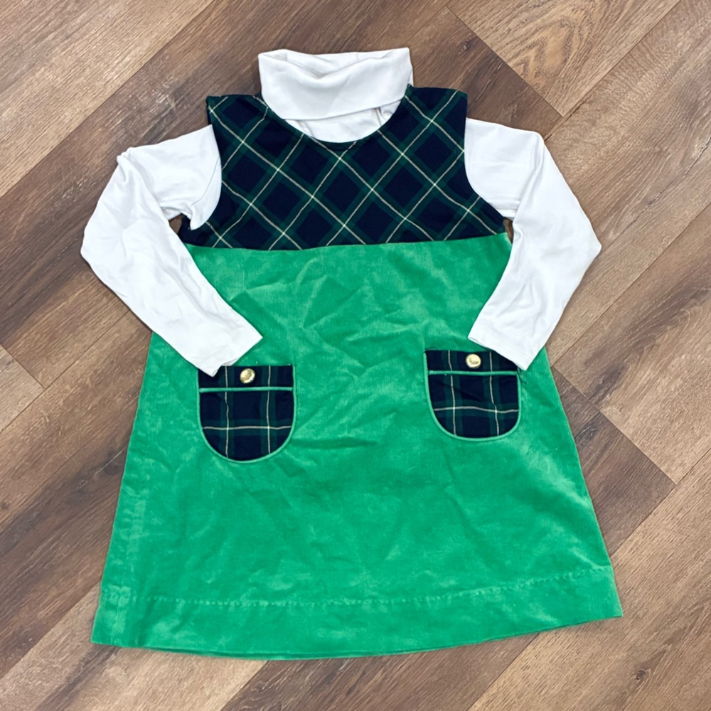 The Beaufort Bonnet Company Green Jumper Dress Turtleneck Corduroy Plaid 8 Girl
